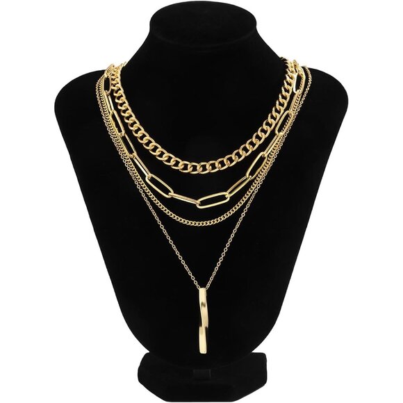 Layered Gold Necklace for Women Chunky Bar Pendant Paperclip Chain Jewelry Gift - Picture 5 of 6